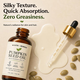 Wrath & Remedy oil pouring stream from bottle highlighting fast absorption benefit