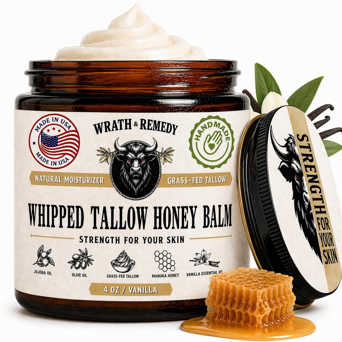 Wrath & Remedy front jar with vanilla label, showcasing clean farm-to-jar branding and benefit