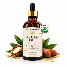 Wrath & Remedy front label on 4oz glass bottle showing pure argan oil benefits