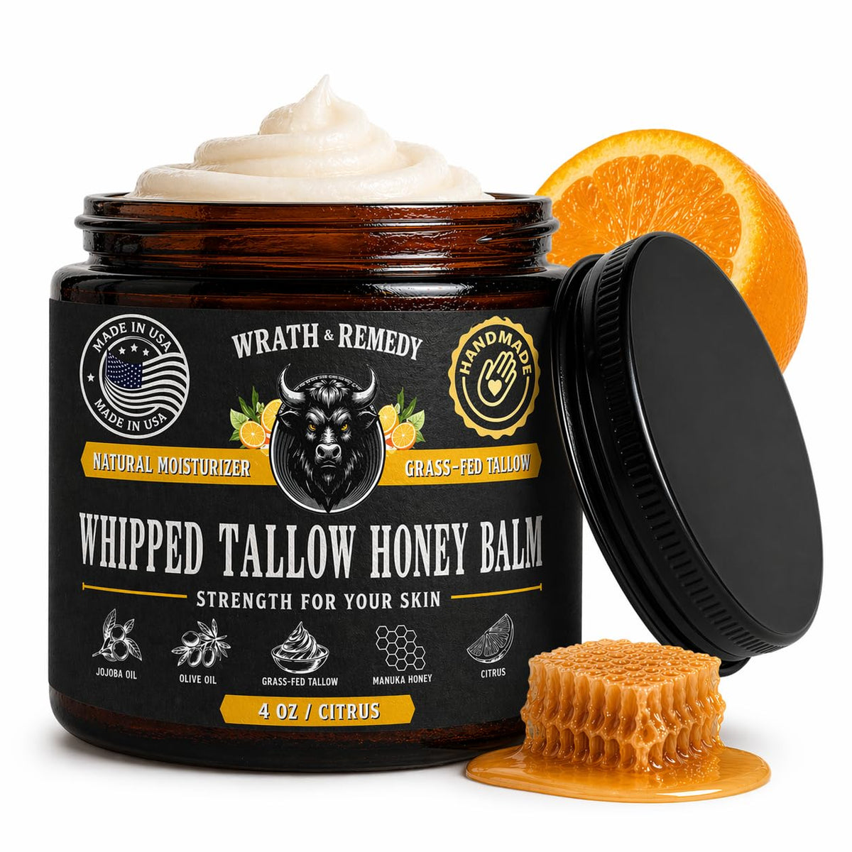 wrath & remedy front jar showing citrus label and 4 oz size for clear identification