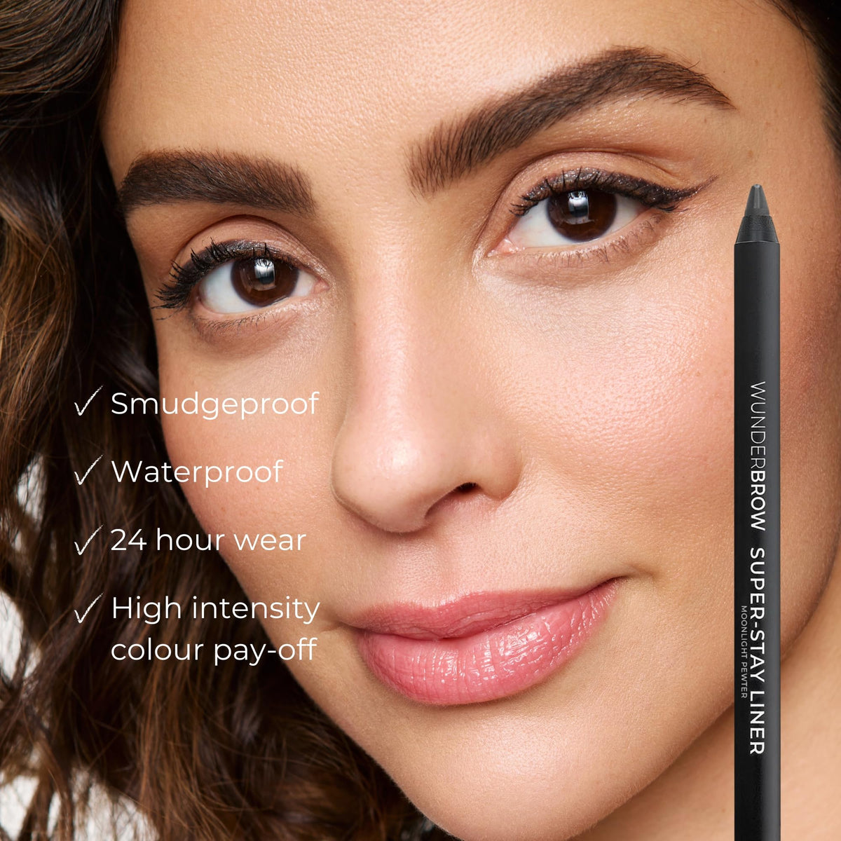 WUNDERBROW black liner swatch on skin showing intense color payoff