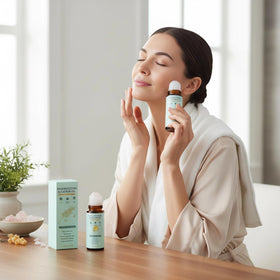 WVJIGE on bathroom vanity styled for self-care ritual and calming bathroom routine