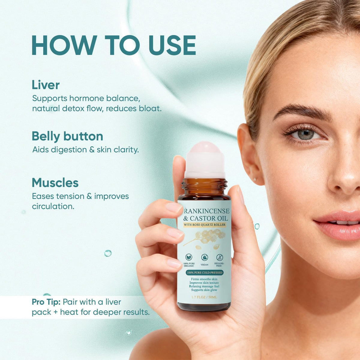 WVJIGE applying roll-on under eye demonstrating cooling massage and refreshed look