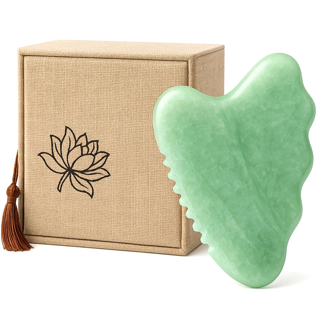 WYGOAKG front view of jade gua sha showing shape and comb edge for sculpting