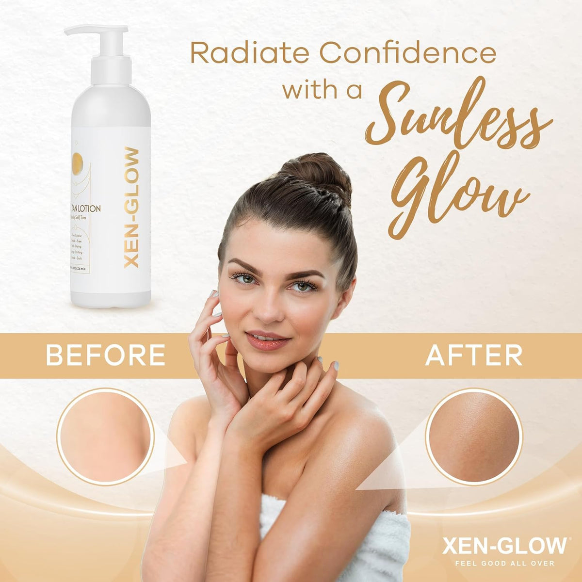 XEN-GLOW bottle in hand for size scale showing convenient 8 fl oz