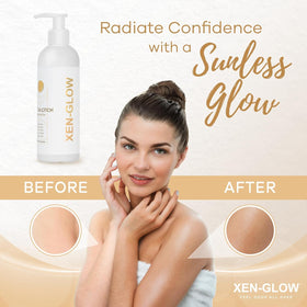 XEN-GLOW bottle in hand for size scale showing convenient 8 fl oz