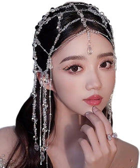Xerling front view of headpiece showing silver finish and layered chains for elegant styling