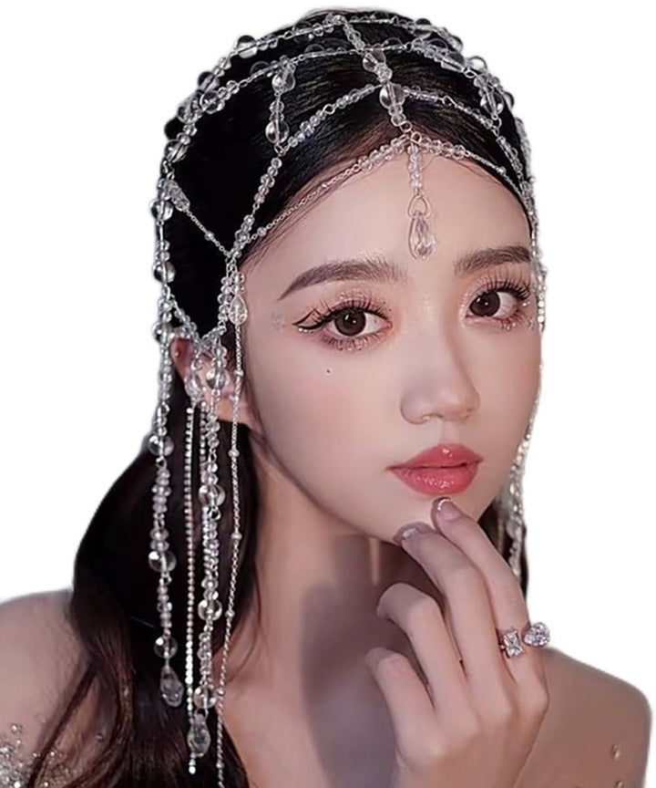 Xerling front view of headpiece showing silver finish and layered chains for elegant styling