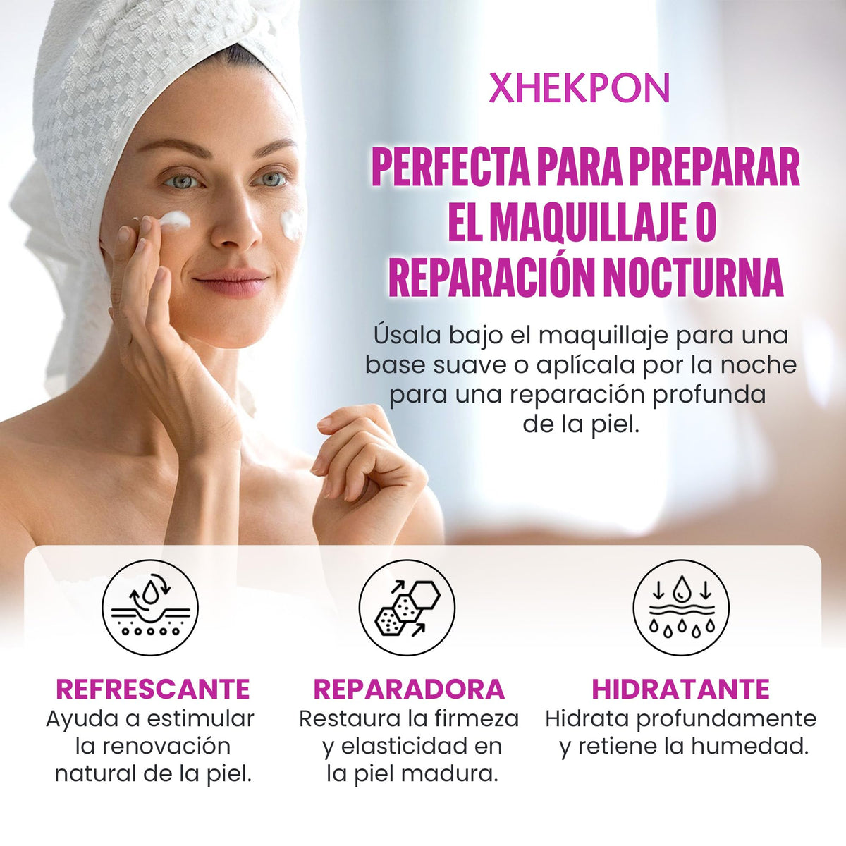 XHEKPON used on cleavage in lifestyle shot showing even skin texture benefit