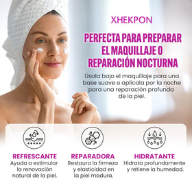 XHEKPON used on cleavage in lifestyle shot showing even skin texture benefit