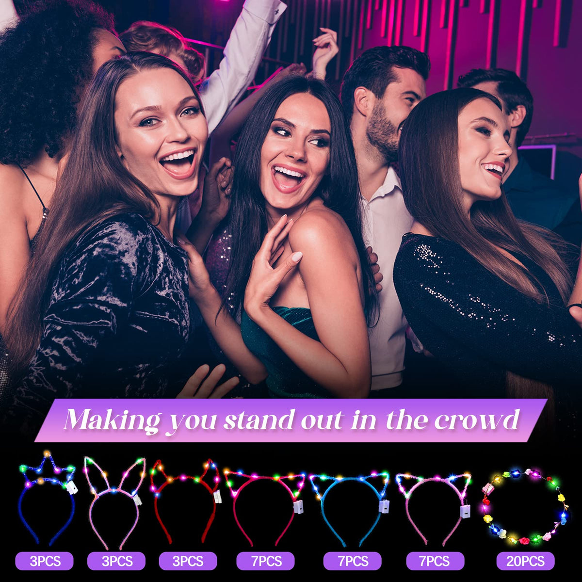 Xinnun rabbit ears worn at a rave demonstrating visible LED effect