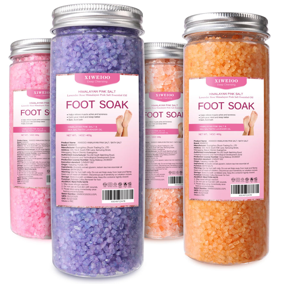 xiweioo front packaging showing four scented salt jars and convenient kit benefits