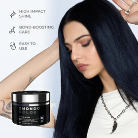 XMONDO on model with long hair showing deep blue-black shine and repair