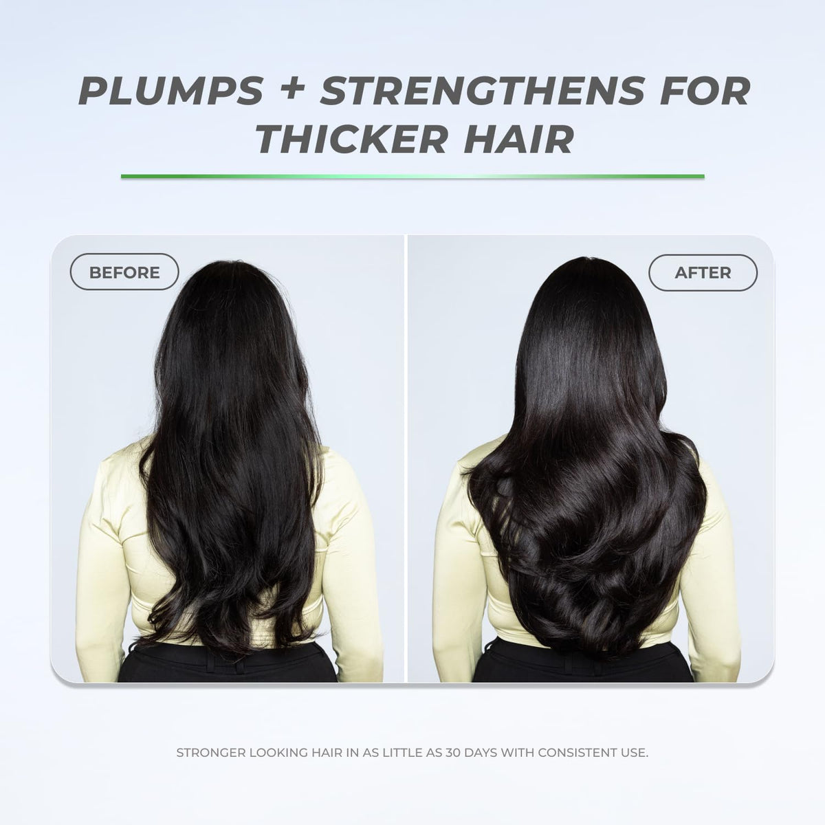 XMONDO before and after hair comparison showing plumper strands