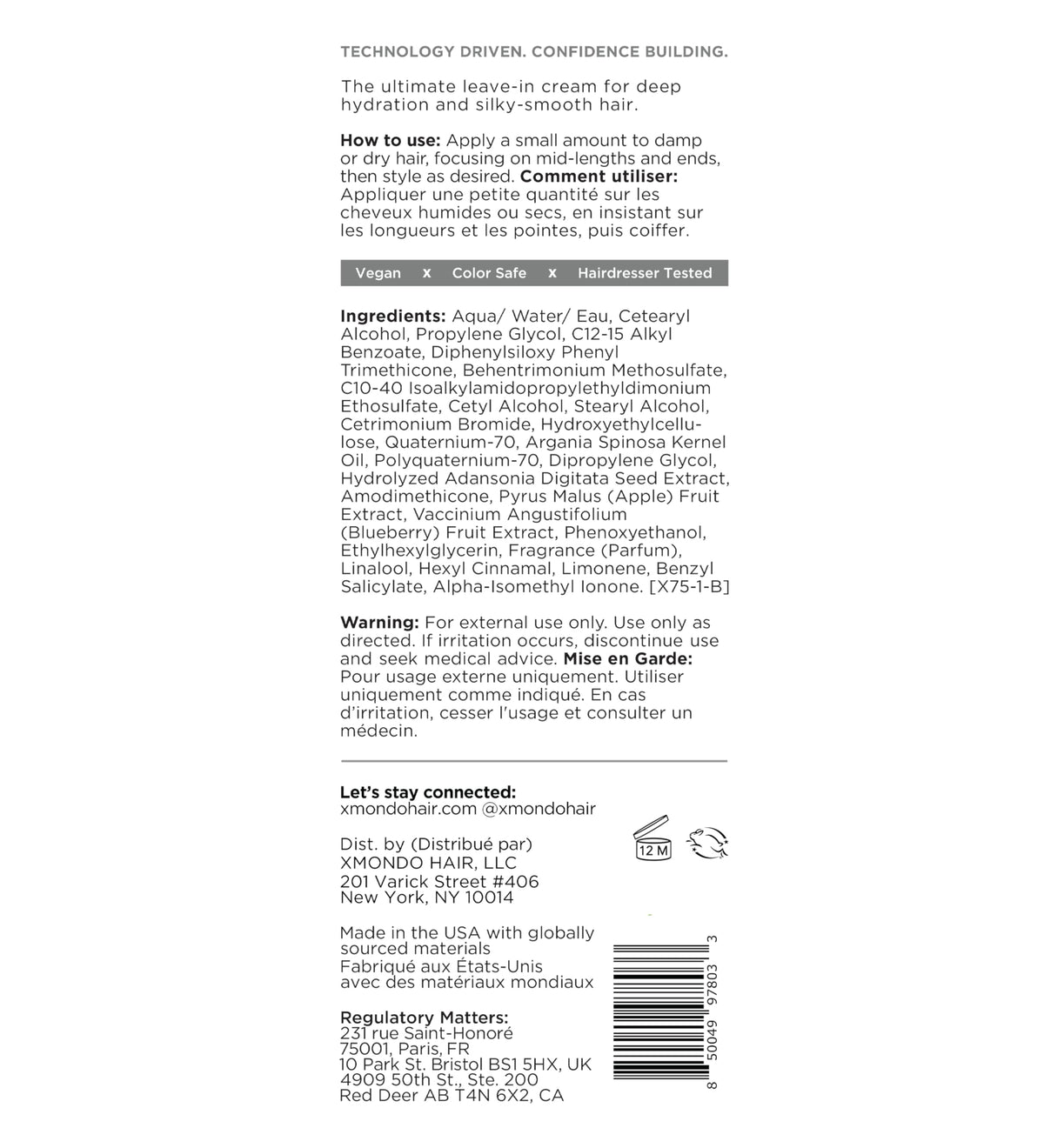 XMONDO label close-up showing vegan, sulfate-free ingredient benefits