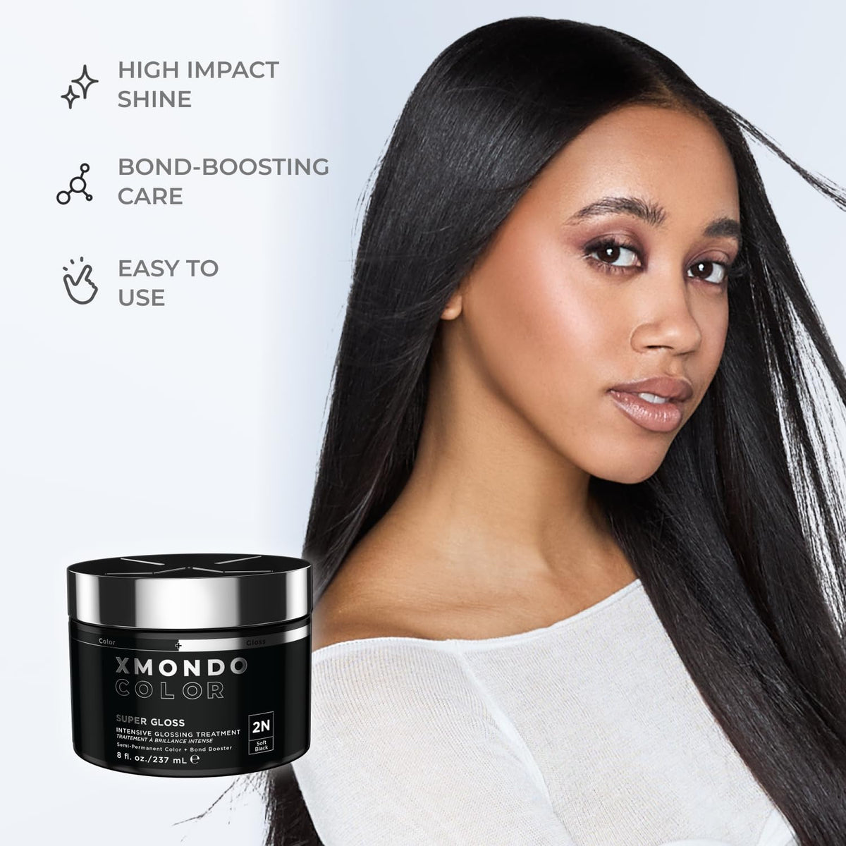 XMONDO before and after hair showing deeper black and shine