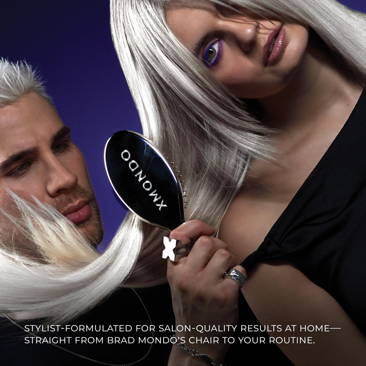 XMONDO before and after on blonde hair showing brighter, smoother finish