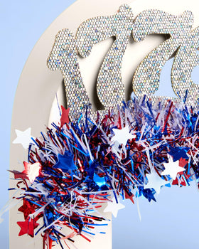 xo, Fetti red white blue tinsel detail adding shimmer and motion