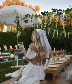 xo, Fetti veil full length illustrating 20-inch tulle for light bridal coverage