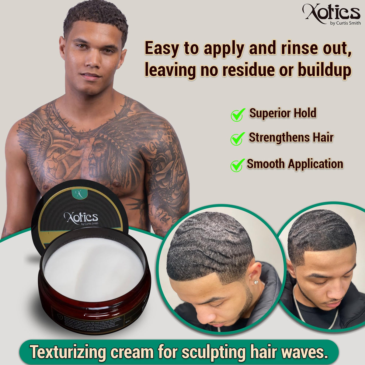 Xotics by Curtis Smith applied to hair during styling for added shine and control