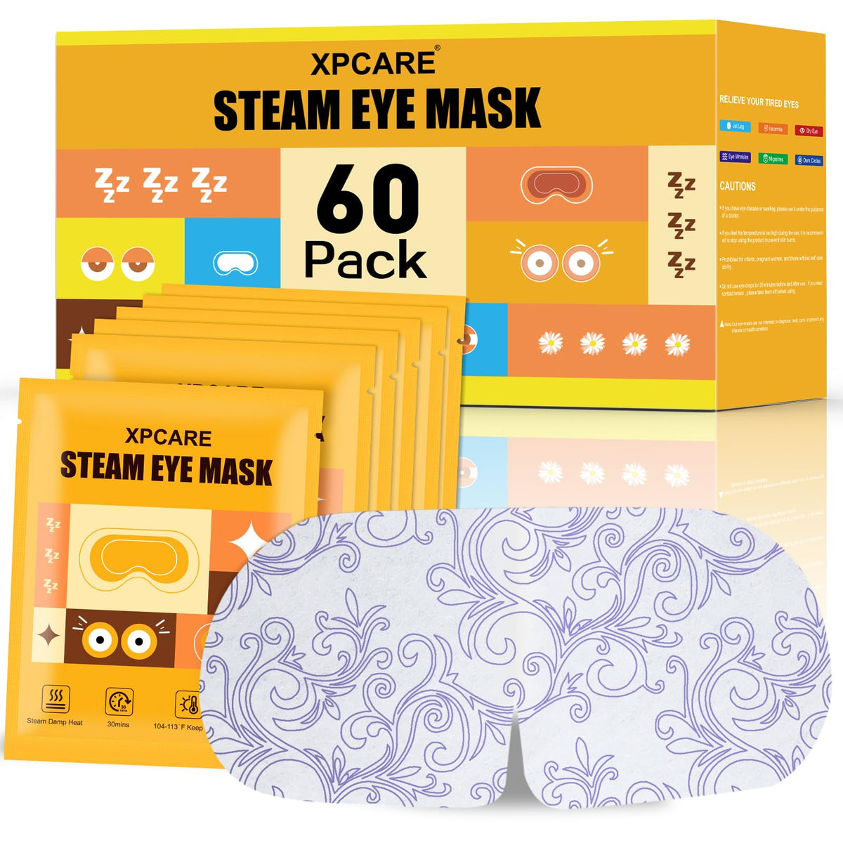 XPCARE front packaging showing 60 chamomile steam eye masks and contents