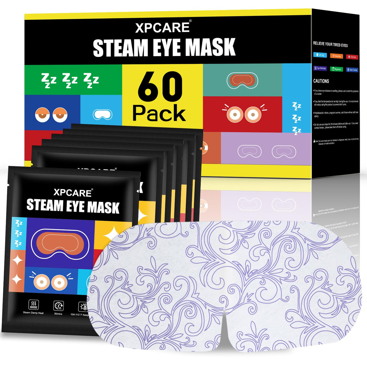 XPCARE front packaging showing 60 disposable steam eye masks and value pack benefit
