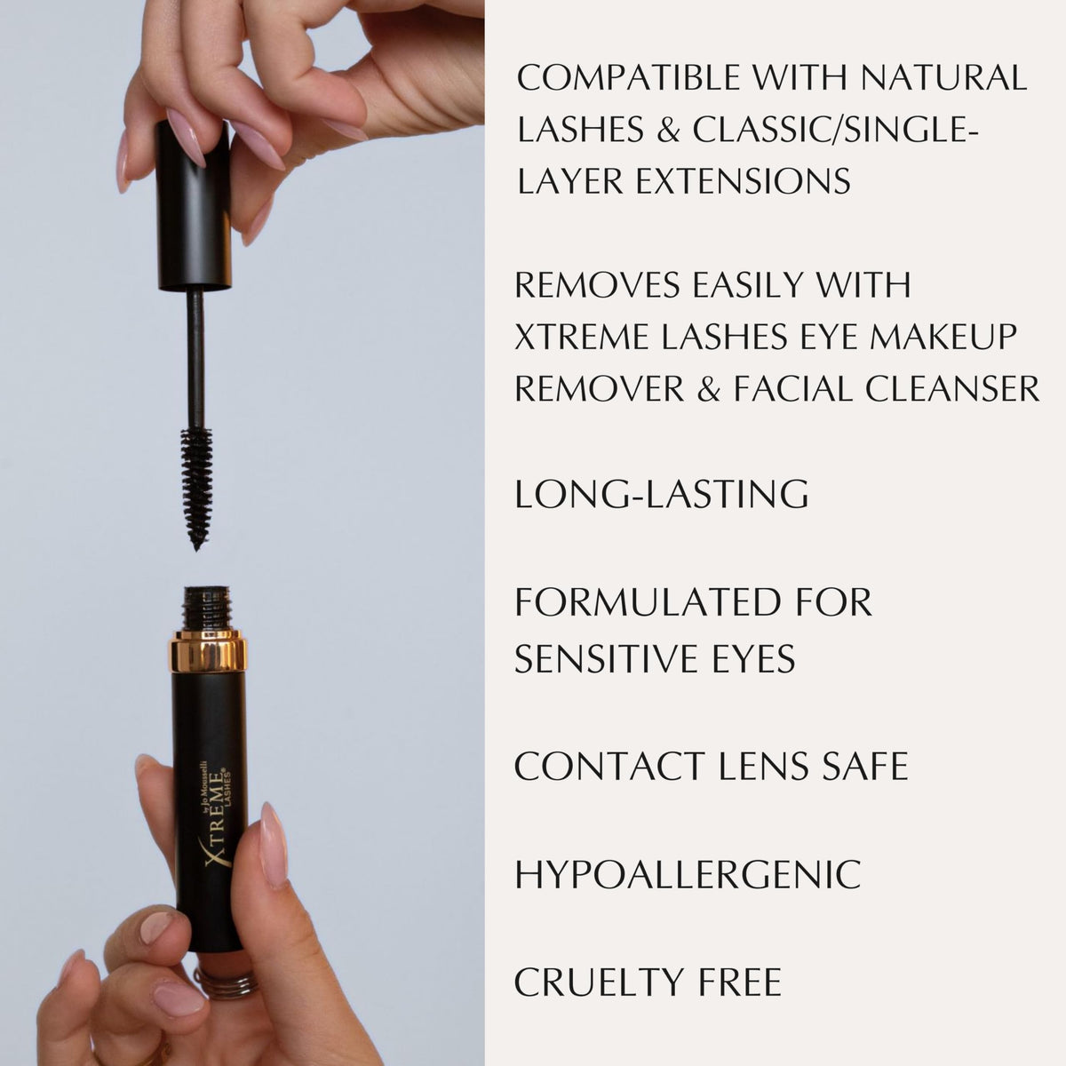 Xtreme Lashes label close-up highlighting Vitamin B5 and gentle formula