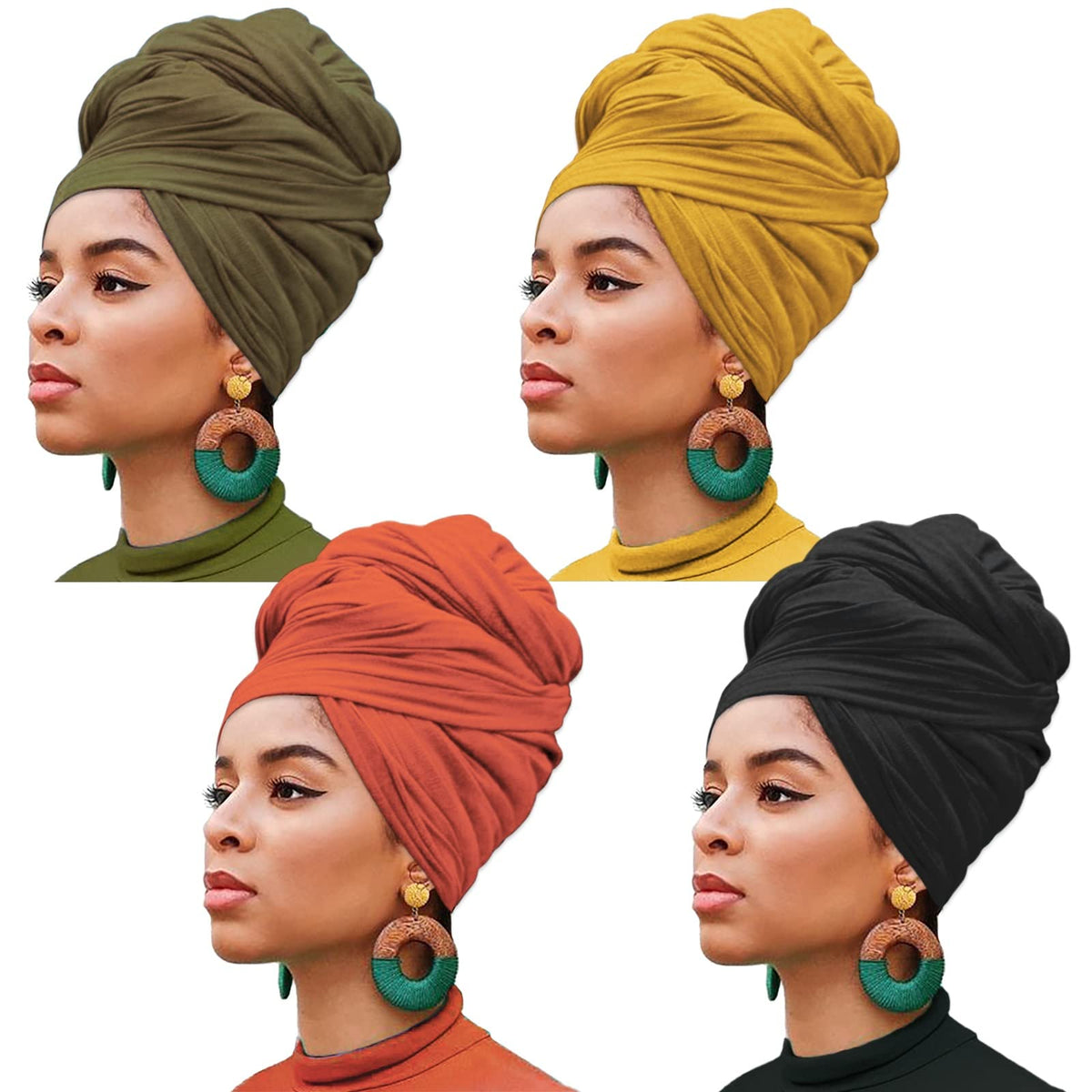 XTREND front view of four solid-color head wraps showing variety and easy pairing
