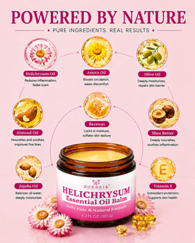 XUEBEIK ingredients flatlay with oils and botanicals illustrating natural formula