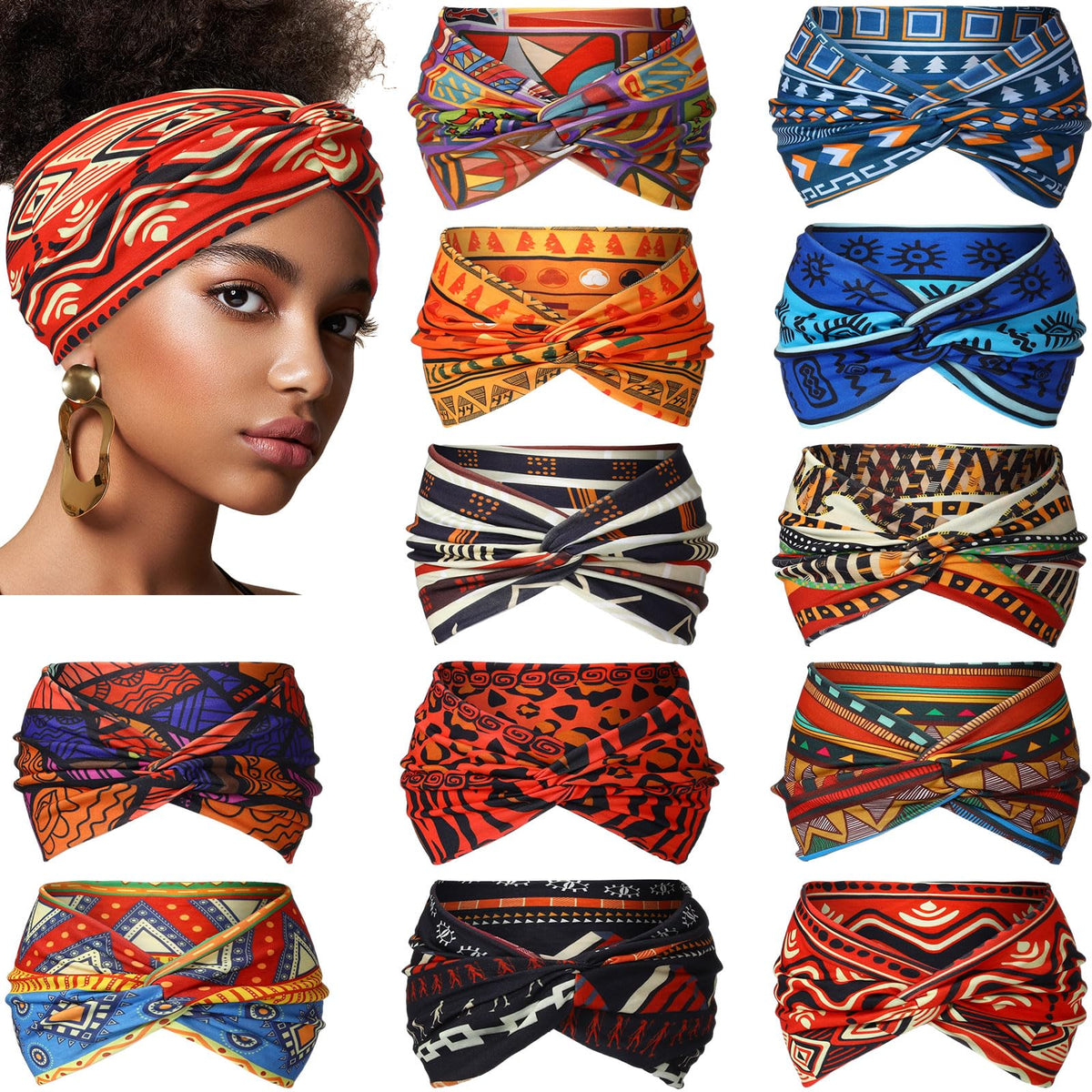 XunYee front view of 12-piece headband set showing assorted prints and quantities, helps outfit matching