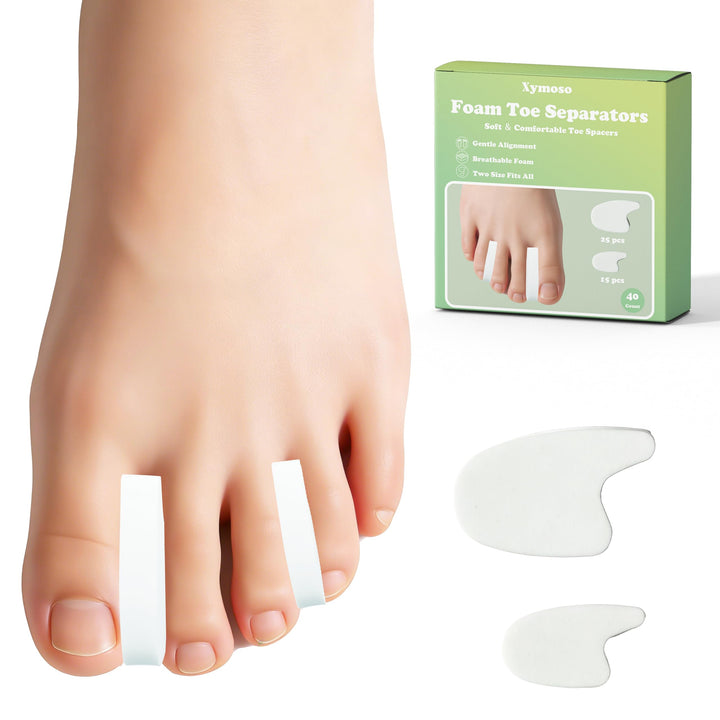 Xymoso front packaging showing 40 foam toe separators and benefits