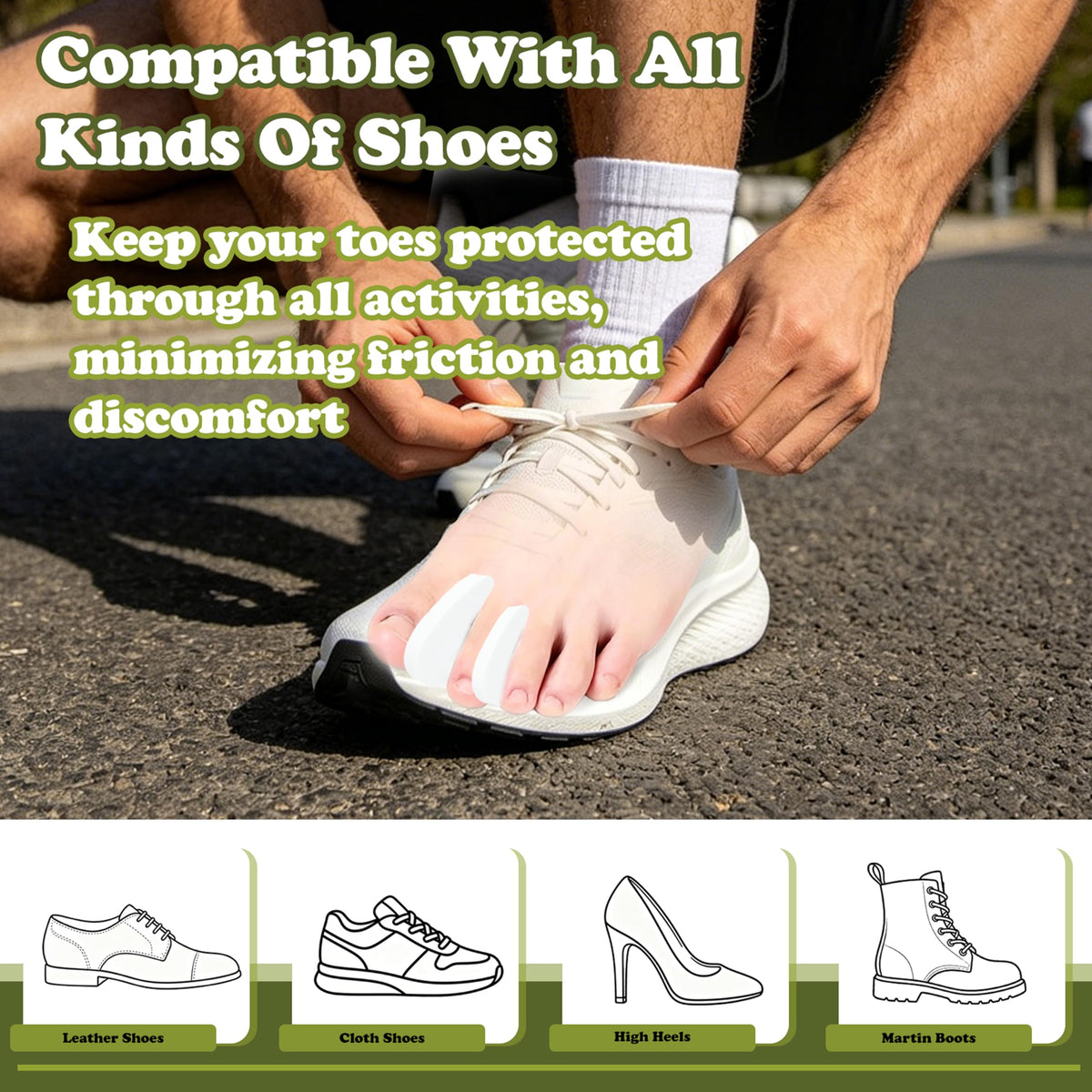 Xymoso spacers between toes inside a sock providing friction relief