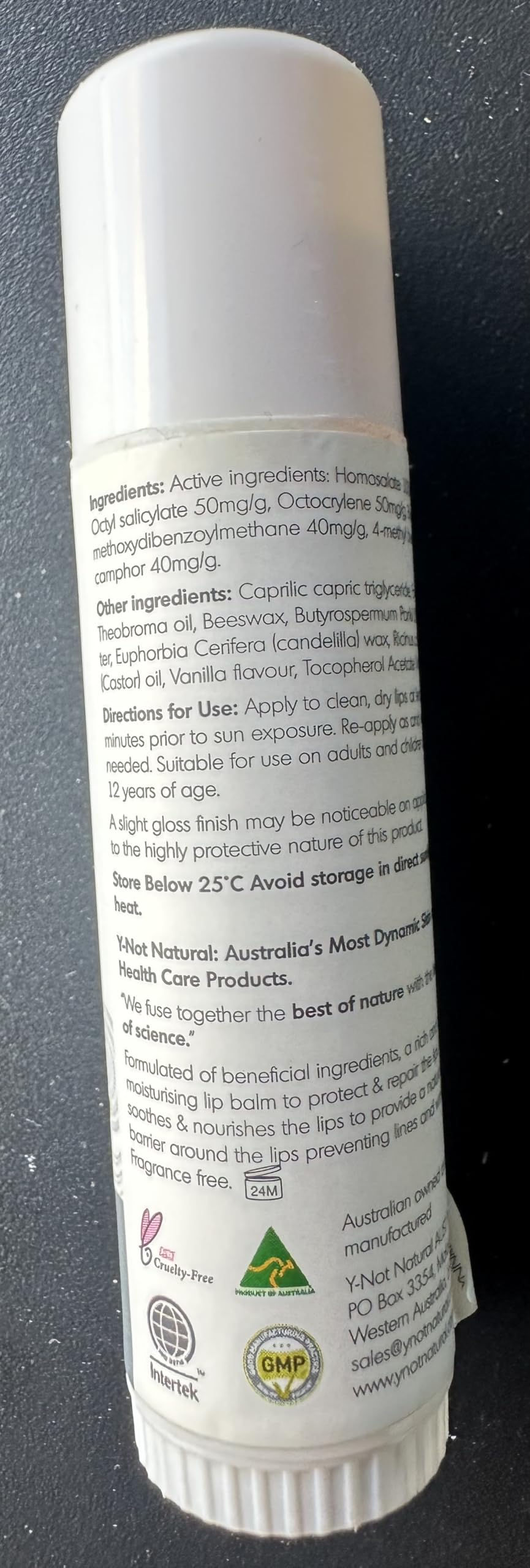 Y Not Natural ingredient label view showing vitamin E and omega fatty acids