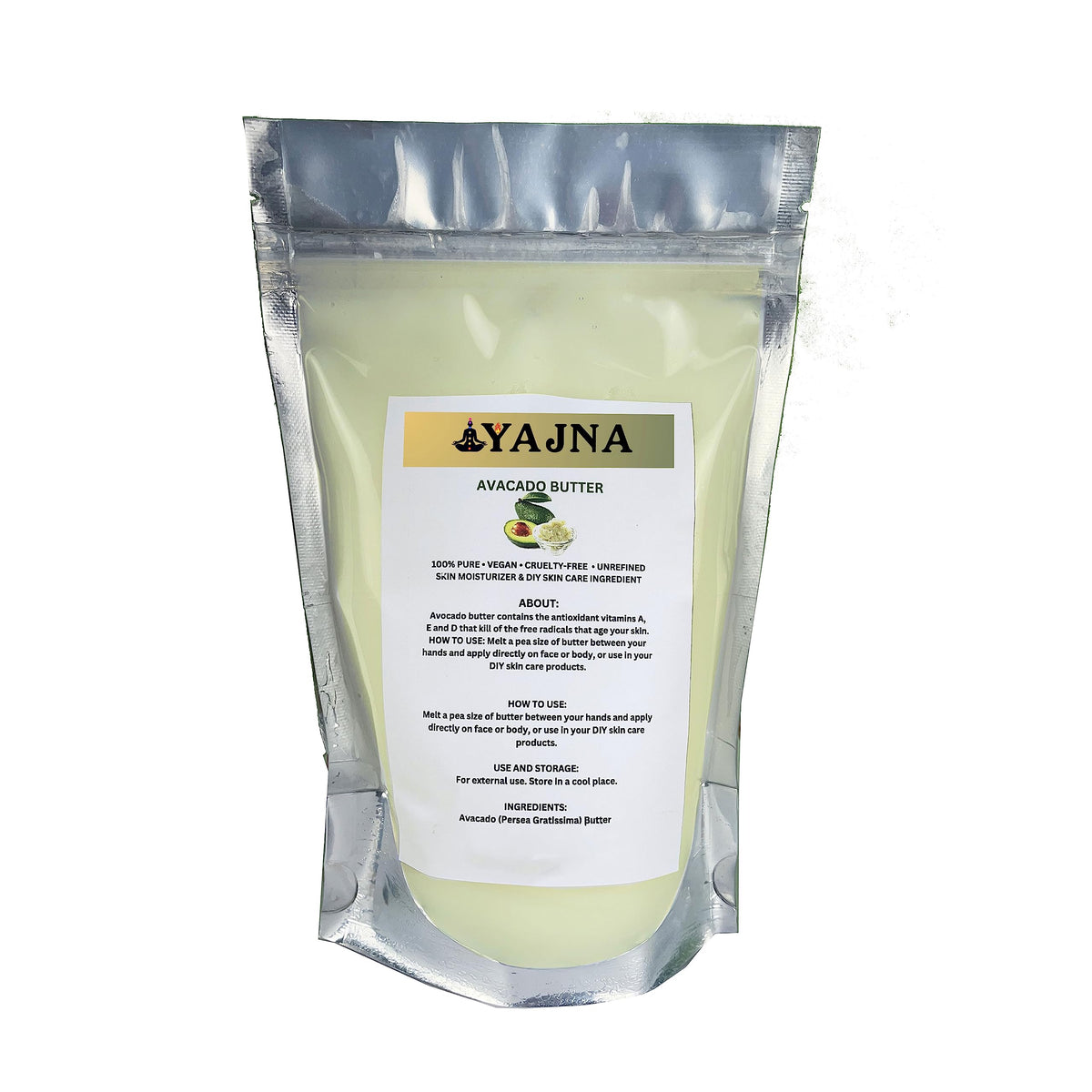 Yajna avocado butter front jug showing packaging and pure contents benefit