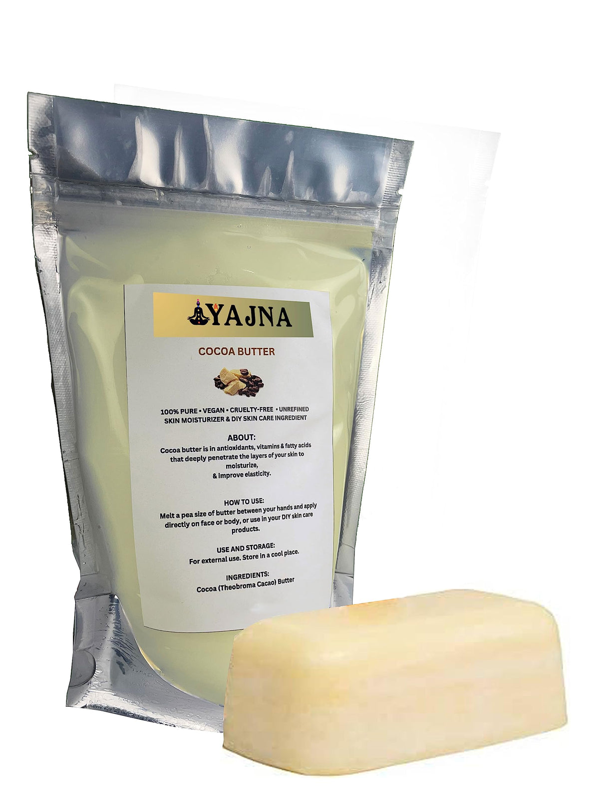 Yajna cocoa butter on spoon as natural ingredient for DIY recipes