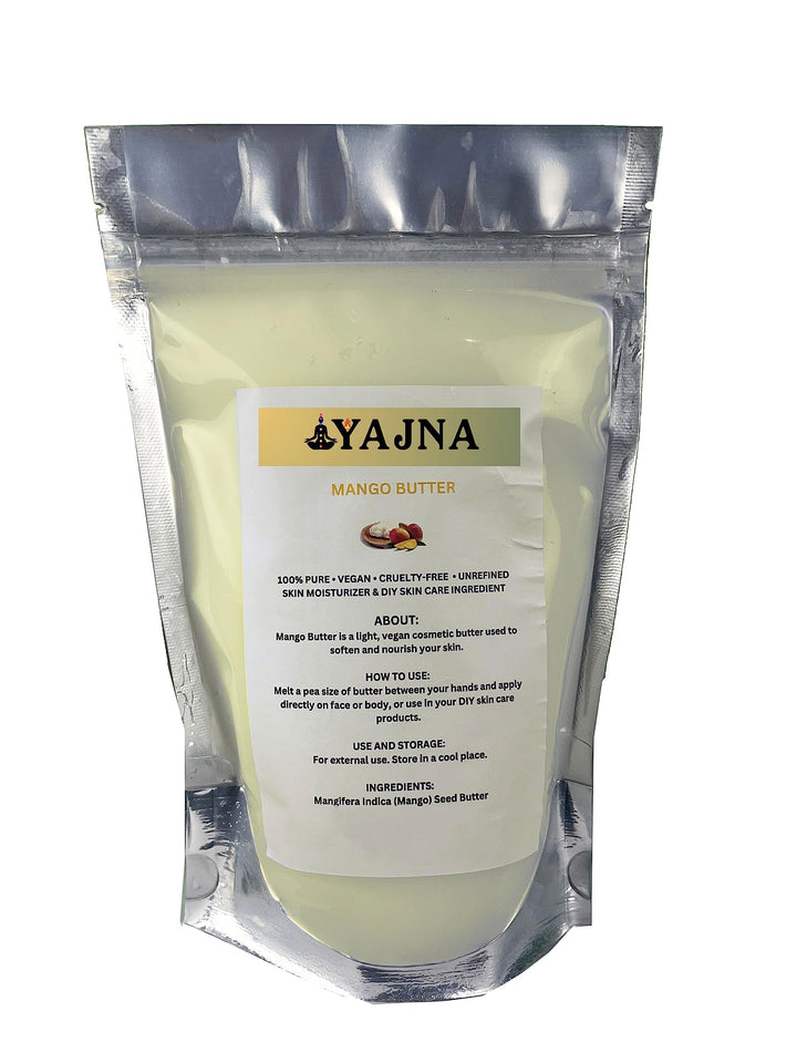 Yajna jar front view showing pure mango butter and packaging benefit