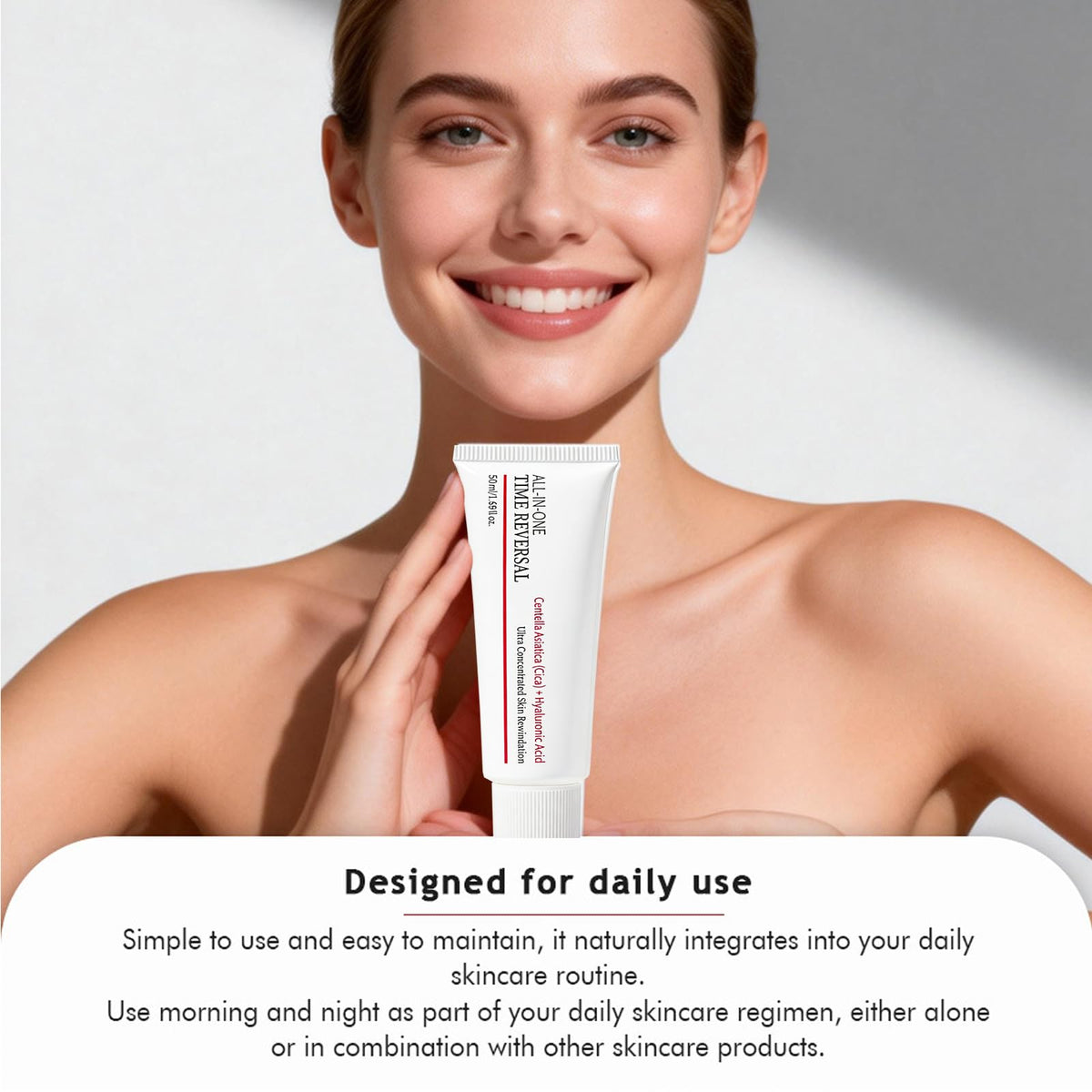 YAKINI Koriderm beside sunscreen for scale, emphasizing multitasking daily routine