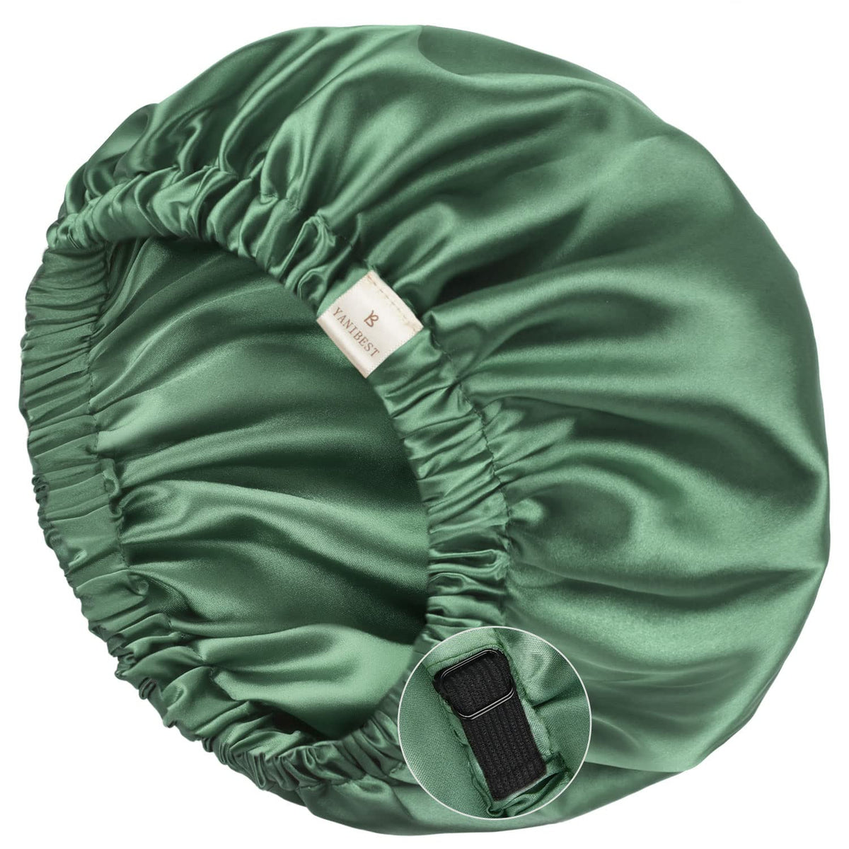 YANIBEST bonnet front view showing smooth satin and secure fit benefit sleep protection