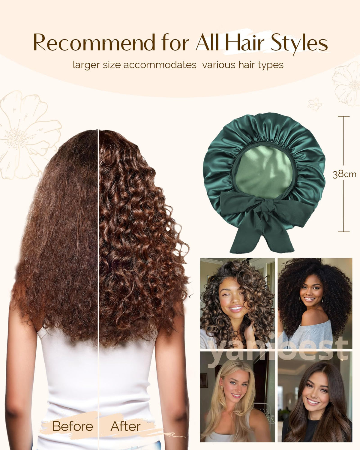 YANIBEST bonnet on curly hair in bed protecting curls overnight