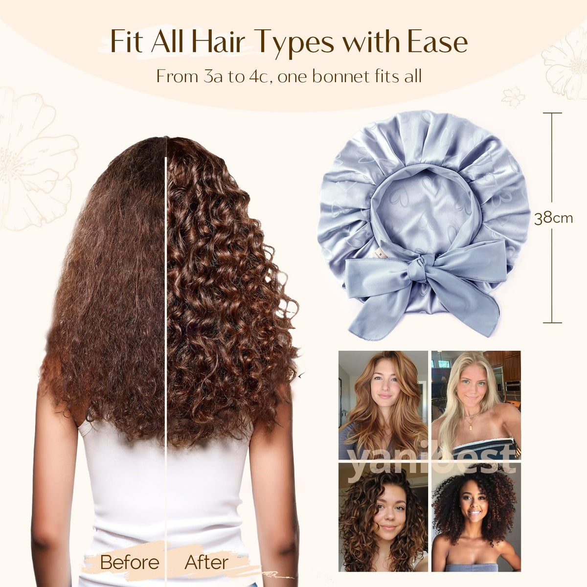 YANIBEST bonnet worn on model with curly hair retains curl shape