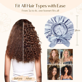 YANIBEST bonnet worn on model with curly hair retains curl shape