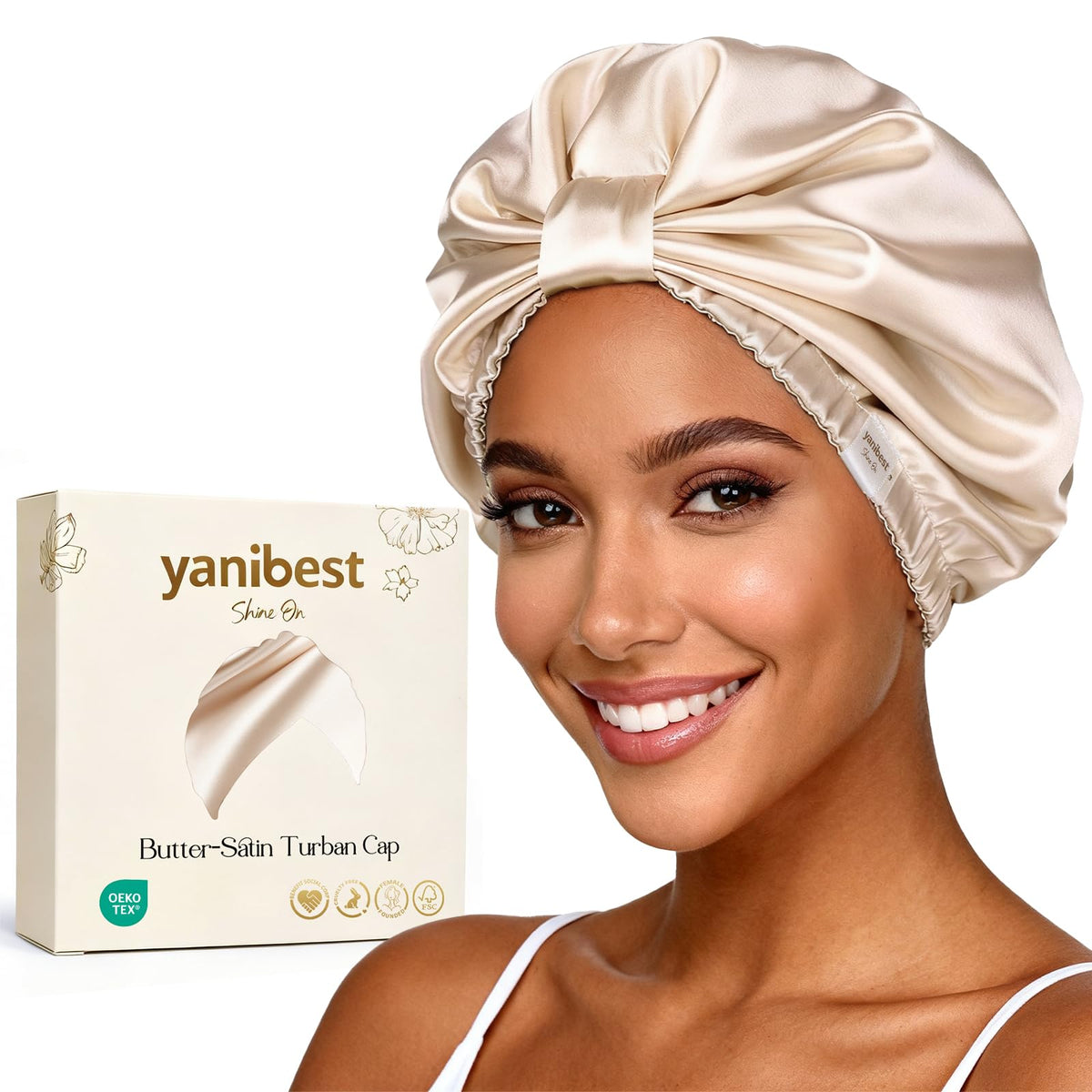 YANIBEST bonnet front view showing butter-satin softness and comfortable fit