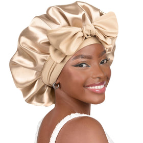 YANIBEST bonnet front view showing champagne color and elegant fit benefit sleep protection