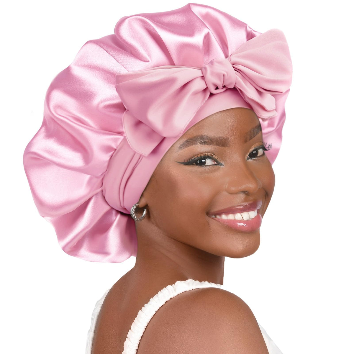 YANIBEST pink bonnet front view shows secure fit and gentle protection