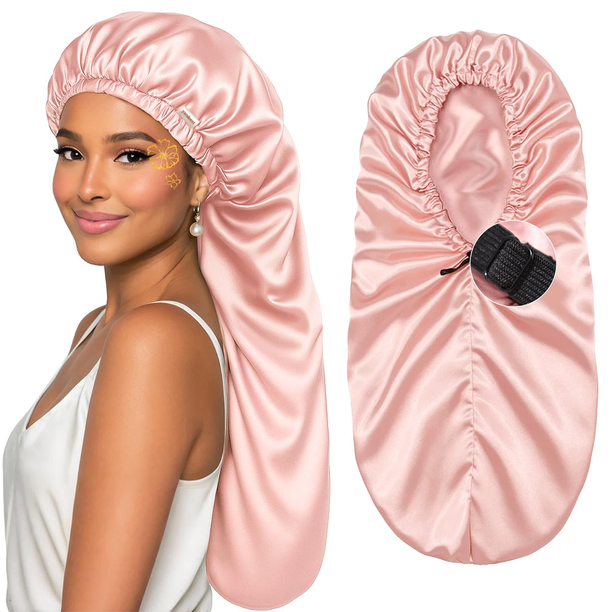 YANIBEST front view of satin sleep bonnet showing full coverage and neat finish for protection