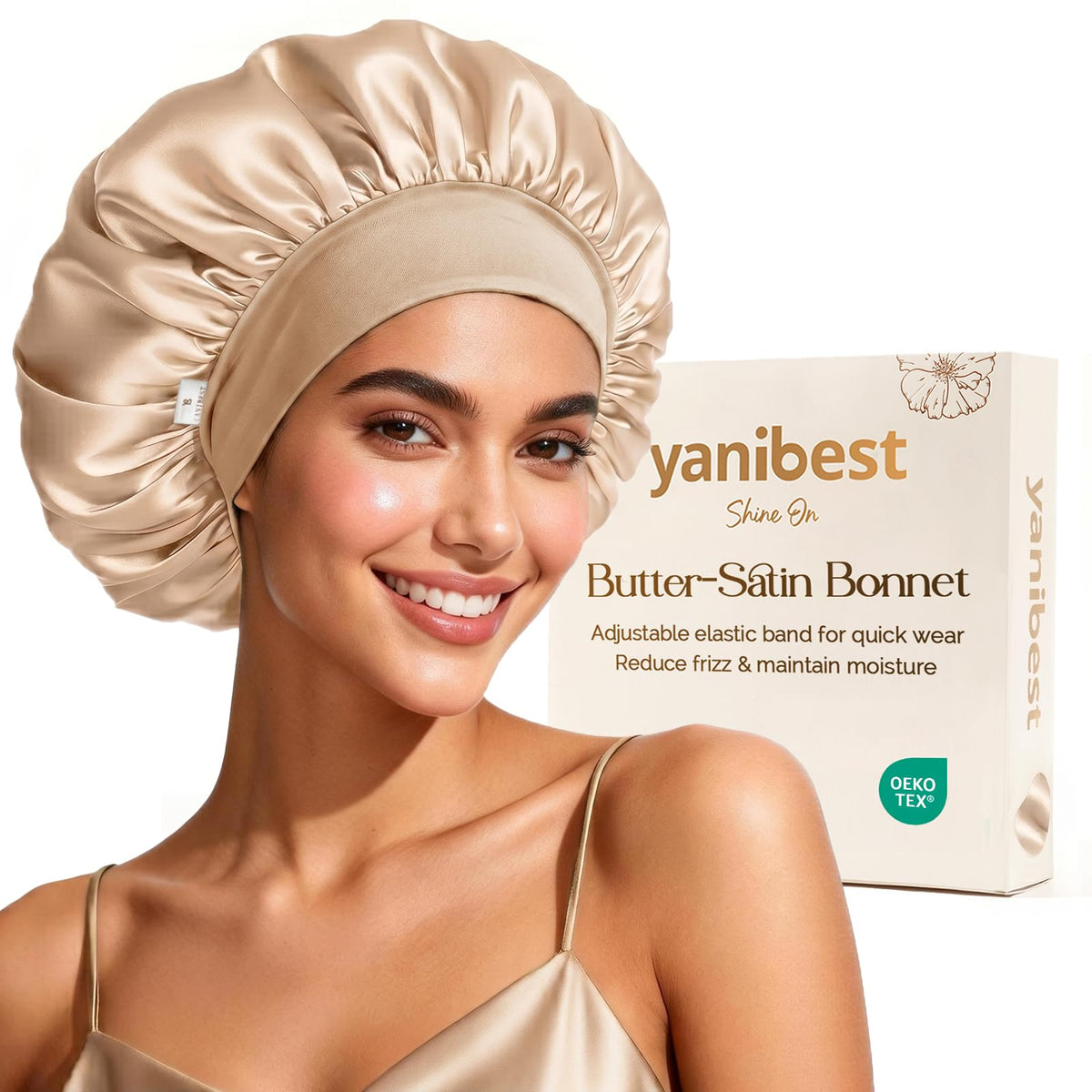 YANIBEST satin bonnet front view showing smooth fabric and protective coverage