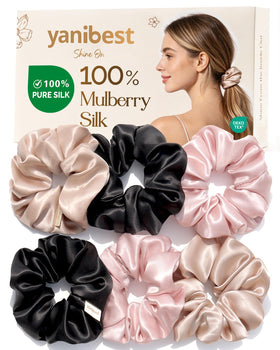 YANIBEST front packaging showing six silk scrunchies and box, premium presentation