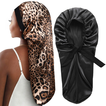 YANIBEST front view of black leopard bonnets showing full coverage and style