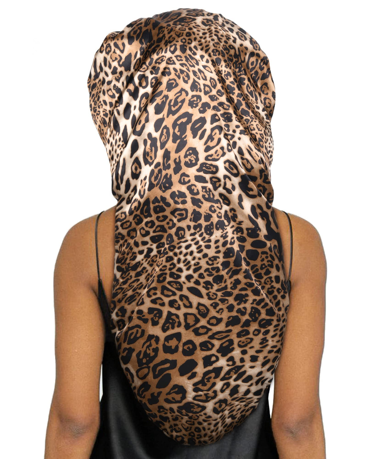 YANIBEST front view leopard long bonnet showing full coverage benefit