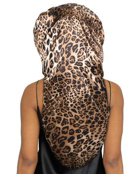 YANIBEST front view leopard long bonnet showing full coverage benefit